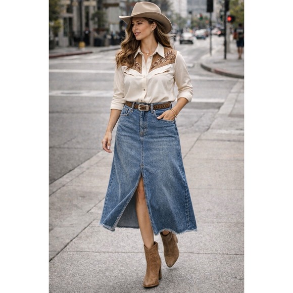 Front Row Dresses & Skirts - PISTOLA  Denim Midi Skirt Womens 27 Blue High Rise Raw Hem Front Slit Casual